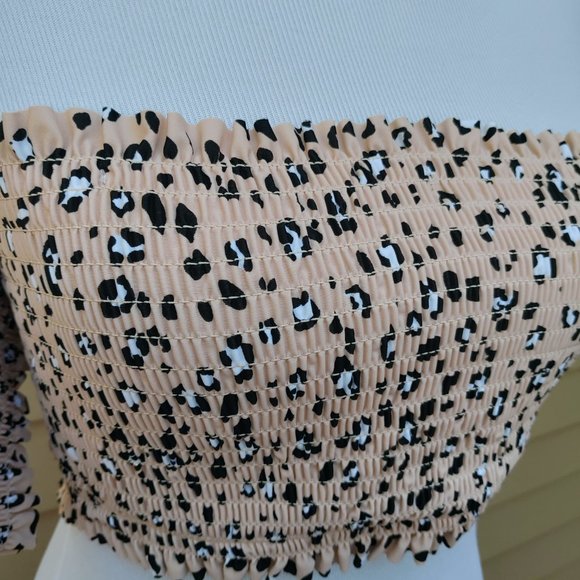 Xhilaration Animal Print Bikini Top Tan Smocked Off-Shoulder Lace-Up NWT - Picture 5 of 13